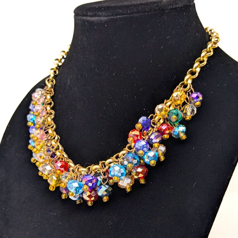 Aurora Borealis Faceted Crystal Bead Bib Statement Necklace Cha Cha 18 in